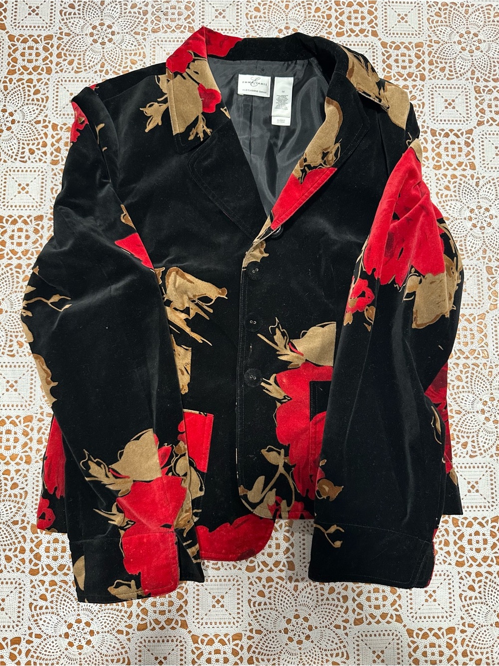 Emma James Black Velvet Floral Blazer Red Rose Jacket Women’s Size 14